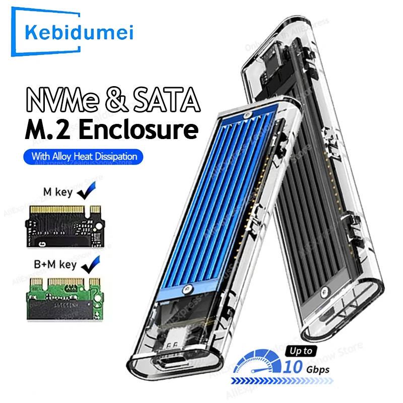Carcasa M2 NVMe NGFF SSD, carcasa transparente PCIe SSD de 10Gbps, adaptador externo USB 3,1 Gen2 con almohadilla disipadora de calor para SSD M.2