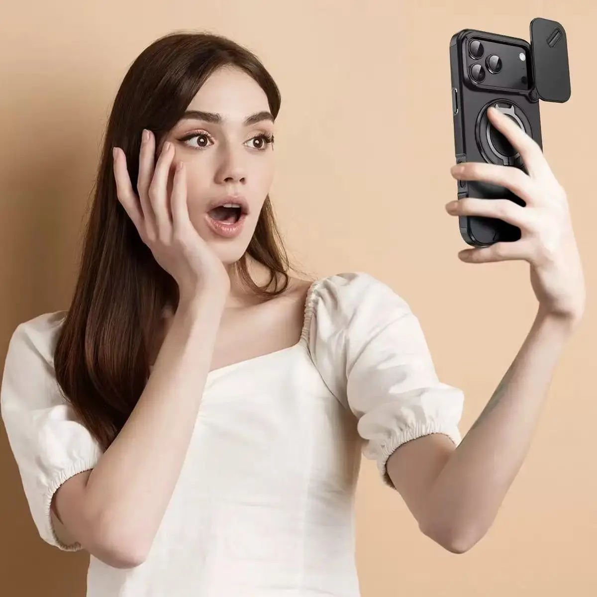 Compatible con iPhone 17 Series: Funda protectora a prueba de golpes con soporte magnético con ventana de empuje - imagen 4