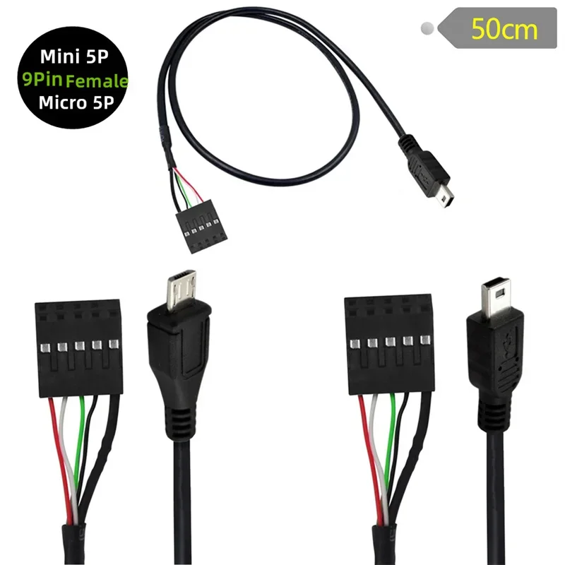 50CM USB 2,0 Micro 5 pines/Mini 5 pines macho a 9 pines hembra 2,54 cabezal USB PCB Cable de placa base ángulo izquierdo/derecho