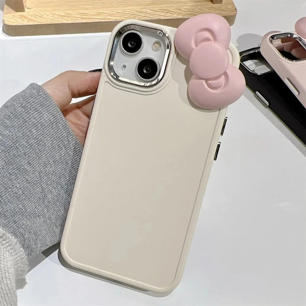 Funda de teléfono coreana con lazo rosa 3D para iPhone 16 15 14 13 12 11 Pro Max X Color sólido a prueba de golpes funda de lujo de silicona suave - imagen 3