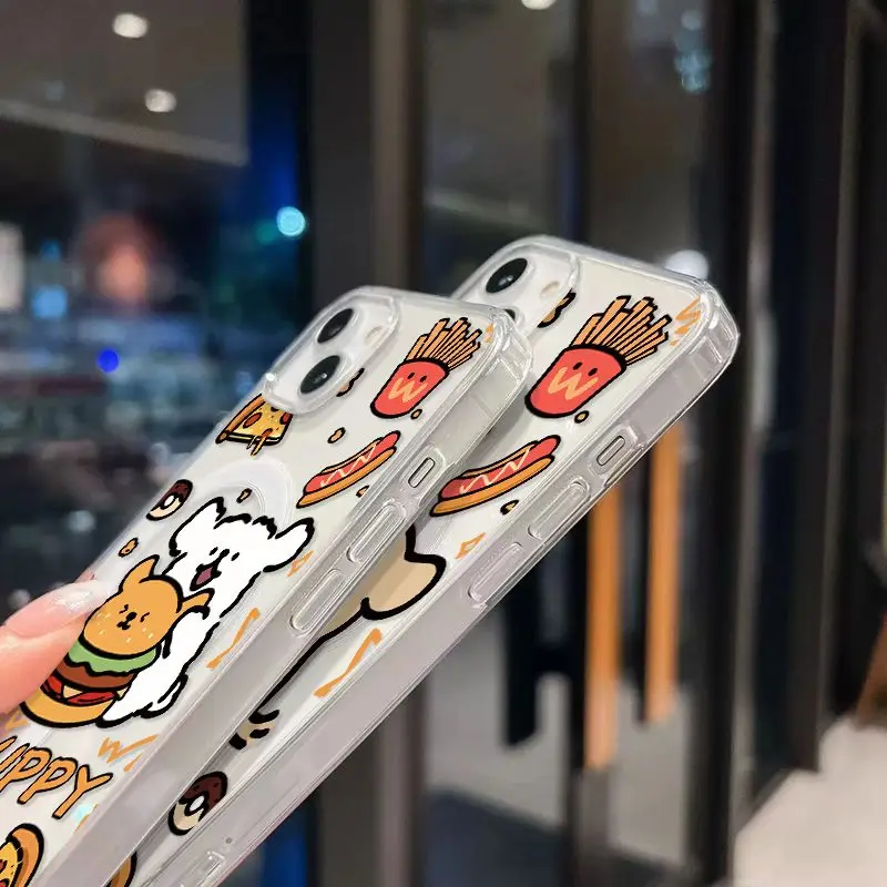 Funda de teléfono magnética Magsafe con diseño de cachorro y línea de hamburguesa para iPhone 16 15 14 13 12 11 8 7 Plus Pro Max X XR XSMax, funda de Tpu transparente suave - imagen 2
