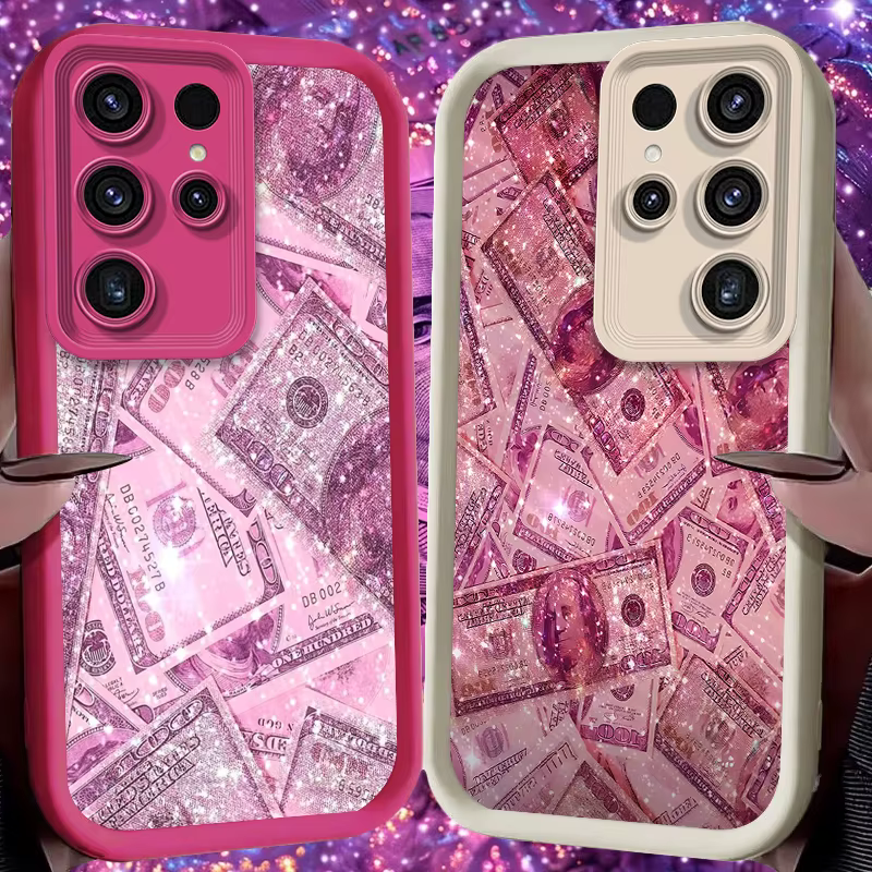Funda blanda rosa brillante con billetes de dólar para Samsung Galaxy S24 S23 S25 Ultra S22 S21 Plus FE A56 A36 A26 A16 A06 A15 A25 A35 A55 5G