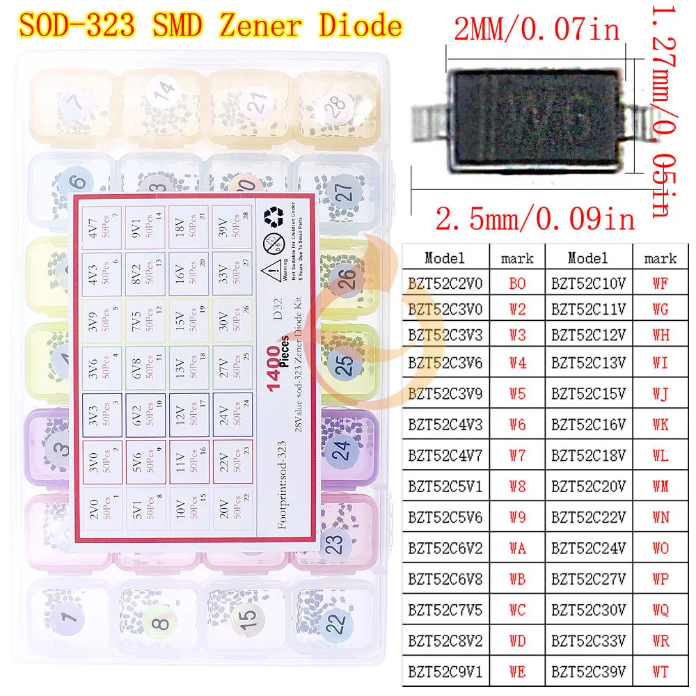 1400 Uds 28 valores SOD-323 SMD kit de diodo Zener 2,0 V 3V 3,9 V 4,3 V 4,7 V 5,1 V 6,8 V 7,5 V 8,2 V 10V 12V 15V 18V 20V 22V 24V 30V 33V 39V