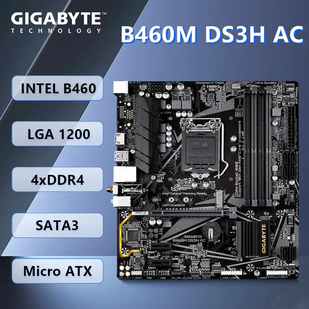 La placa base AC Gigabyte B460M DS3H 100% probada admite CPU LGA 1200 i9-10900K i7-10700K, Intel B460 DDR4 2666 MHz, Micro ATX.