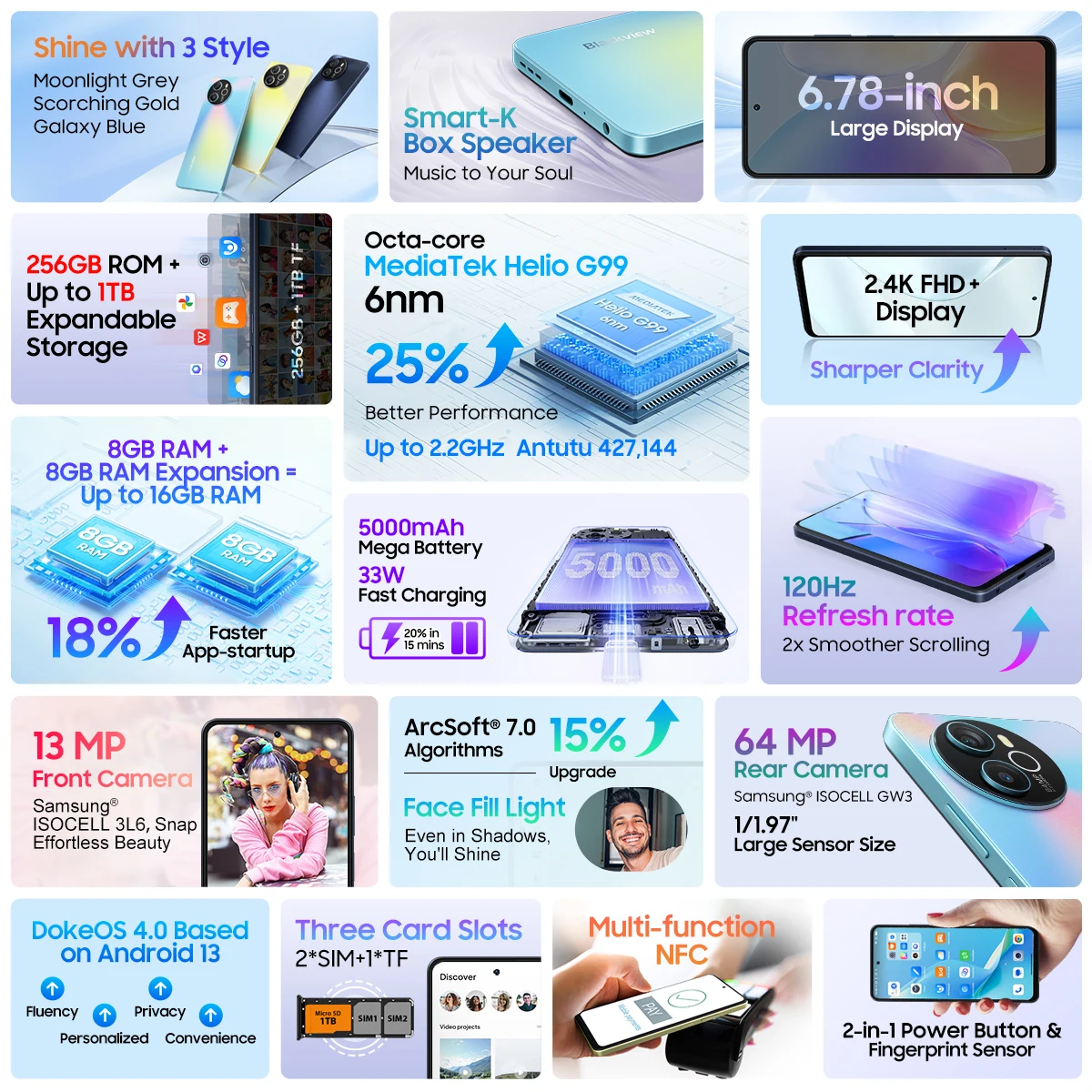 Blackview SHARK 8 Smartphone Android13 G99 teléfono móvil 6,78 ''120Hz 2,4 K pantalla 8GB + 8GB RAM, 128GB/256GB ROM 64MP teléfono móvil - imagen 3