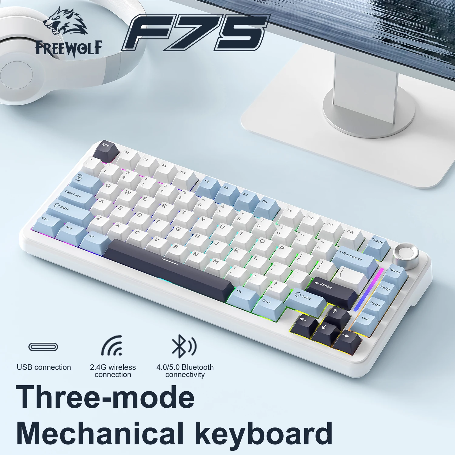 Teclado mecánico F75 para videojuegos, teclado inalámbrico FREEWOLF F75 con perilla de Metal, RGB/exchangeable en caliente/4000 mAh de alta potencia - imagen 3