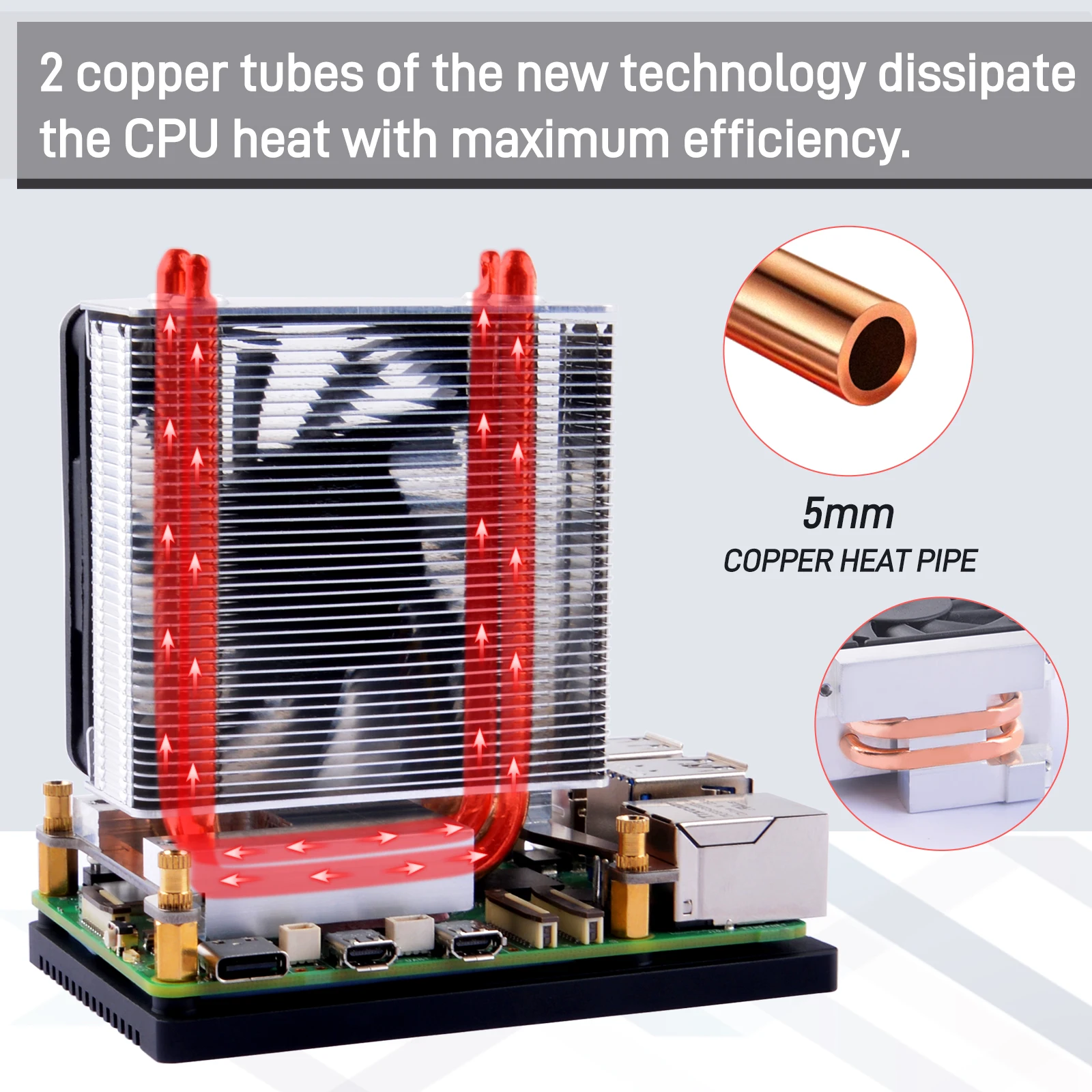 Disipador de calor de doble tubo de cobre para Raspberry Pi 5, enfriador, torre de hielo Plus, 52Pi - imagen 5
