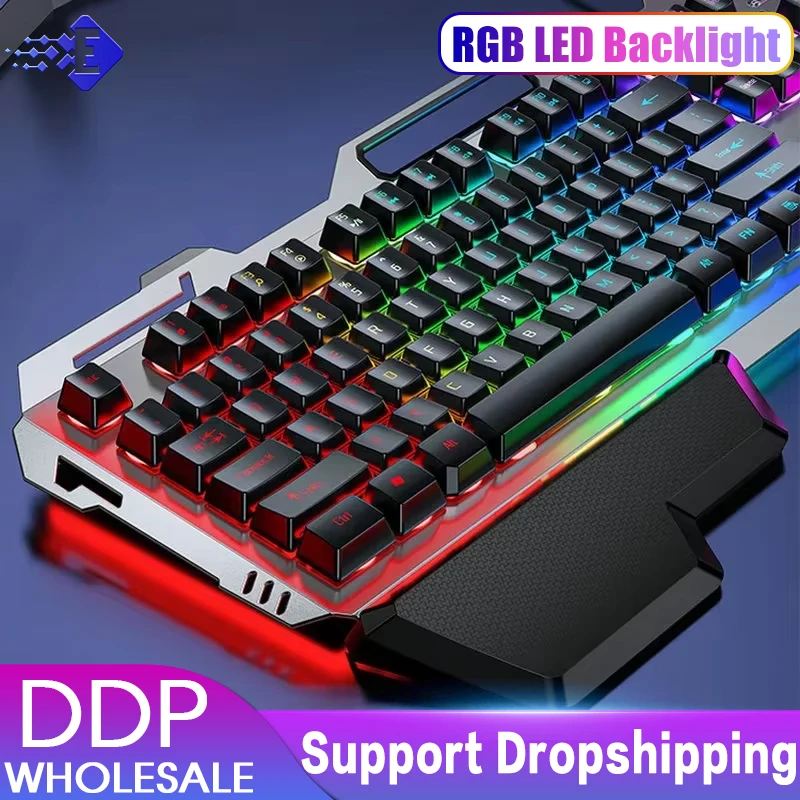 Juego de teclado con cable USB, 104 teclas, retroiluminación, para juegos, ordenador portátil, PC, con soporte manual