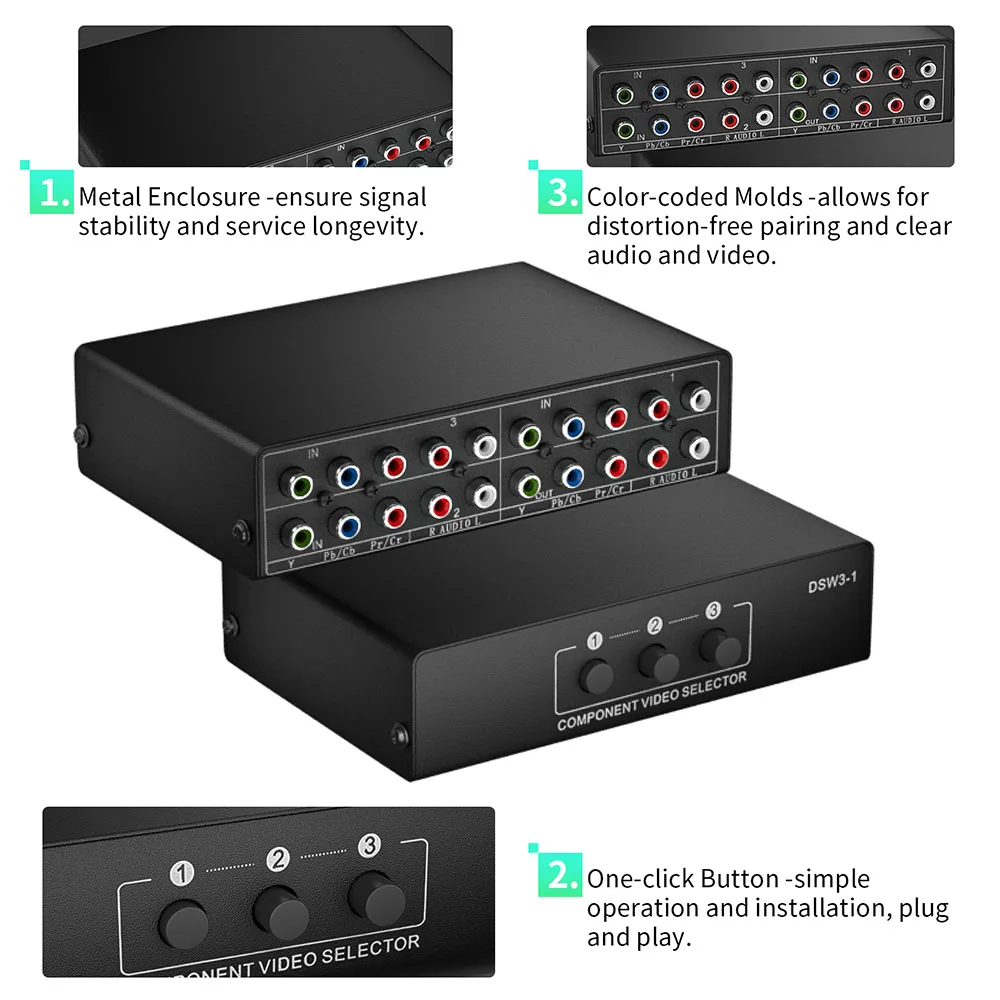 Componente YPbPr Switcher 4X1/3X1 Ypbpr Componente Video y Audio Switch 3/4 en 1 salida 5 RCA Ypbpr componente Selector de vídeo Caja de interruptor - imagen 4