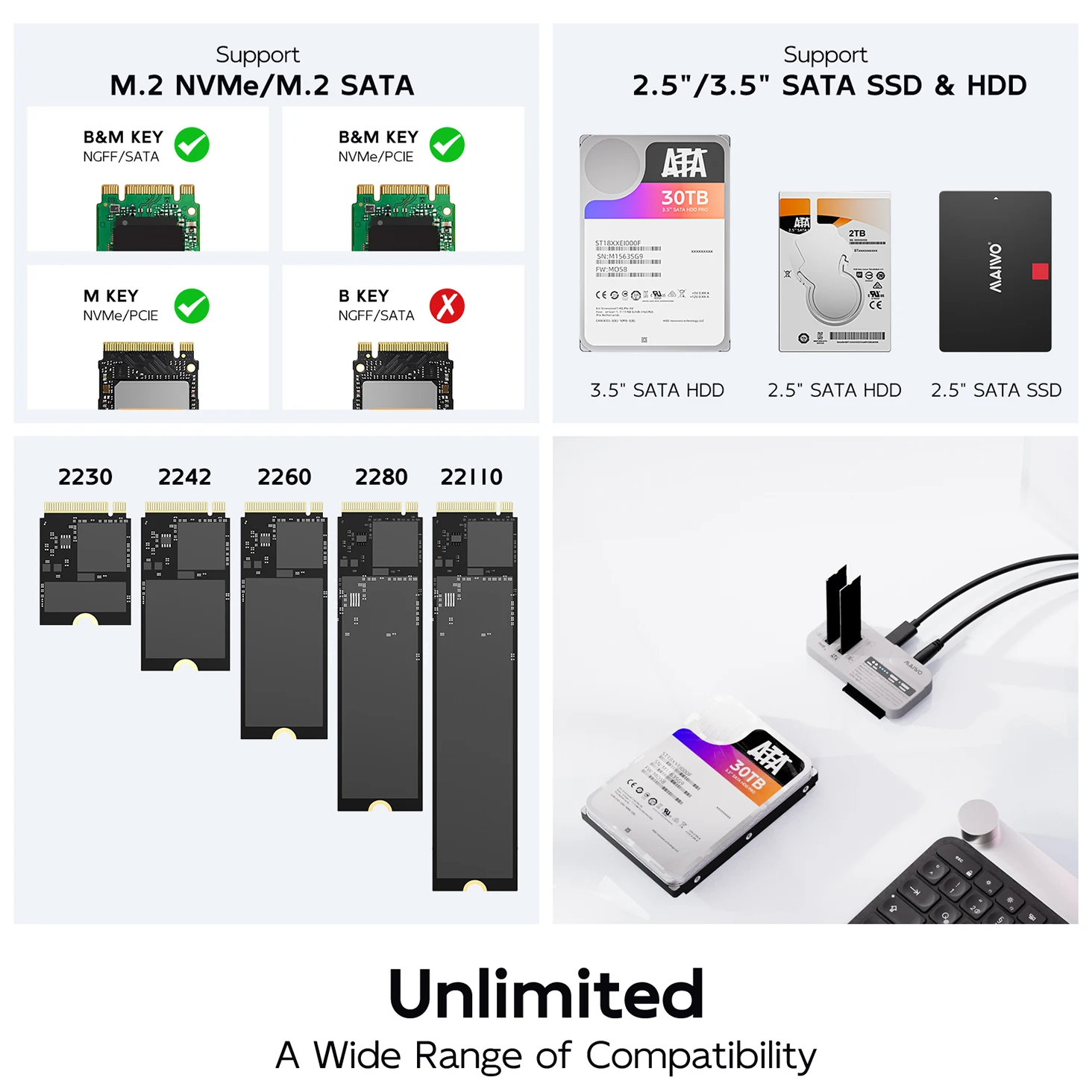 MAIWO 3 Bay 2,5/3,5 pulgadas HDD carcasa M.2 NVMe/SATA SSD con clon sin conexión USB3.2 tipo C Gen2 10Gbps HDD externo/funda SDD - imagen 3