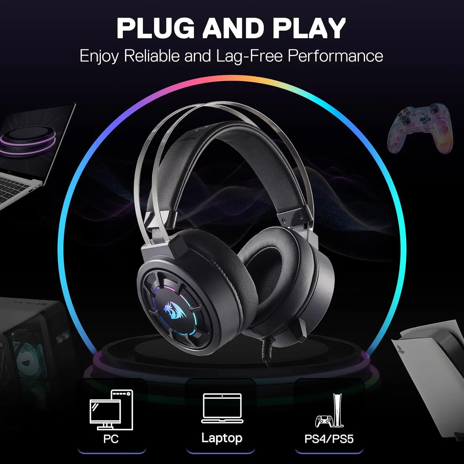 Auriculares para juegos Redragon H314 RGB: auriculares para computadora con cable con controladores de 40 mm, conexión USB, diseño liviano y hoja de PU suave - imagen 5