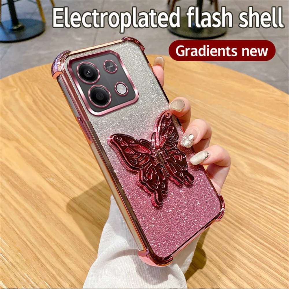 Funda de teléfono con soporte de mariposa a prueba de golpes para Xiaomi Redmi Note 14 Pro Plus 14C 4G 5G 14T POCO X7 Pro cubierta de silicona con brillo degradado - imagen 2