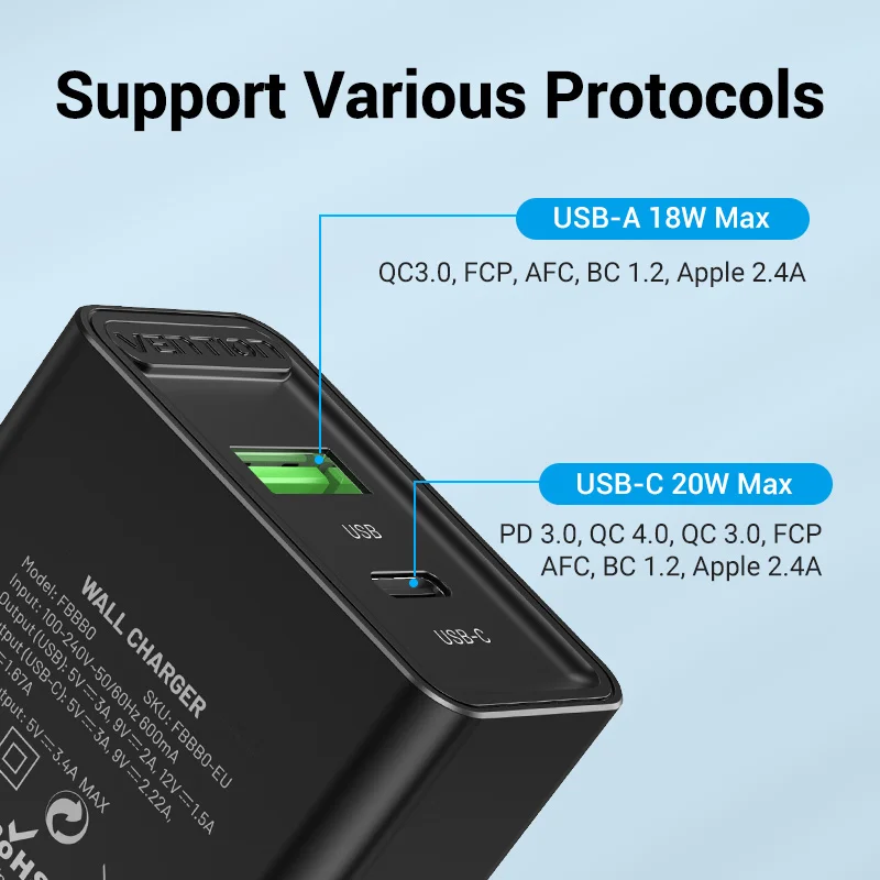 Vention-cargador USB tipo C para iPhone, dispositivo de carga rápida con QC 4,0, 3,0, 20W, PD - imagen 5