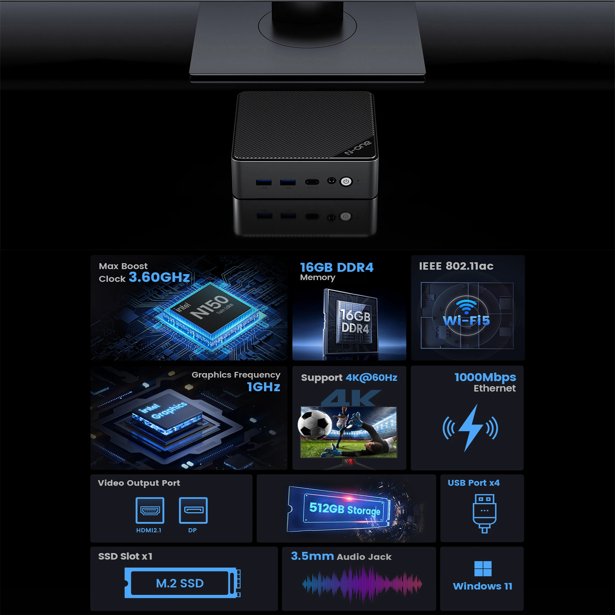 N-one-Mini PC Intel Twin Lake N150, 16GB, DDR4, 512GB, SSD, Windows 11 Pro, microordenador de escritorio, WiFi 5,Bluetooth 4,2 para el hogar - imagen 3