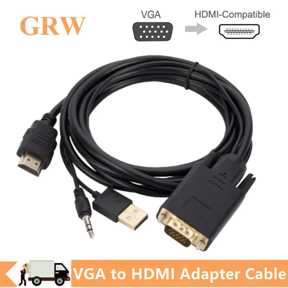Convertidor de Cable VGA a HDMI de 1,8 M, fuente de alimentación USB de Audio de 3,5mm, Cable VGA a HDMI de 1080P para PC, TV Box y proyector
