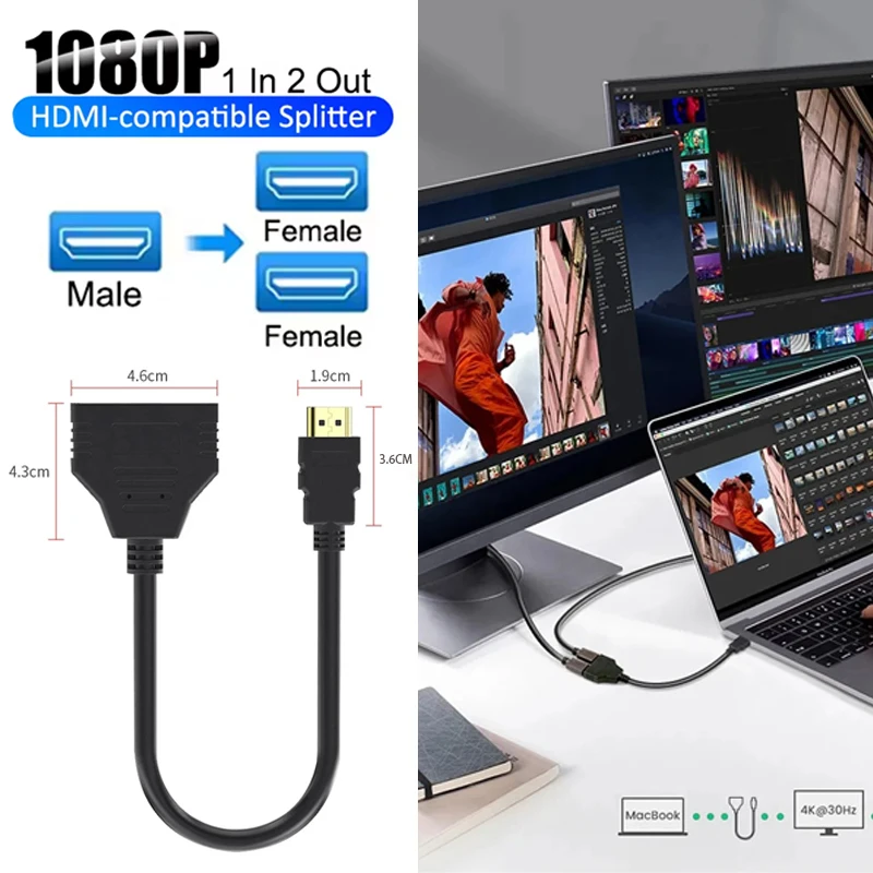 Cable divisor compatible con HDMI, 1 en 2 salidas, 1080P, 2 puertos duales, divisor Y para ordenador, TV LCD, caja, 2 puertos duales, Cable Compatible con Hdmi