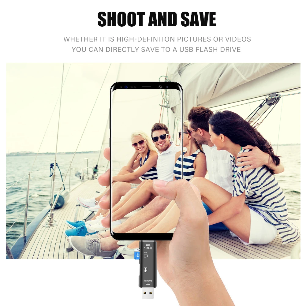 Lector de tarjetas multifunción 5 en 1, dispositivo de almacenamiento externo, color negro, elástico, para TYPE-C, USB 3,0 - imagen 3