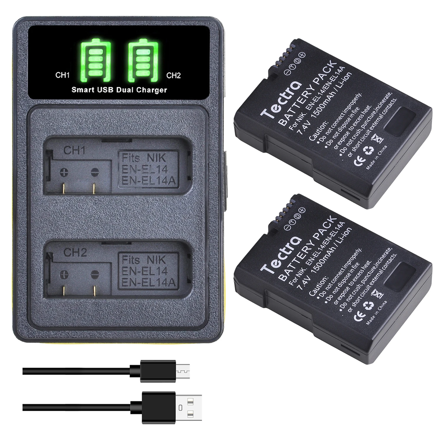Batería de iones de litio EN-EL14 EN-EL14A de 1500mAh/cargador Dual USB para Nikon D5600 D5100 D5200 D3100 D3200 D3300 D3400 D3500 P7000 P7800