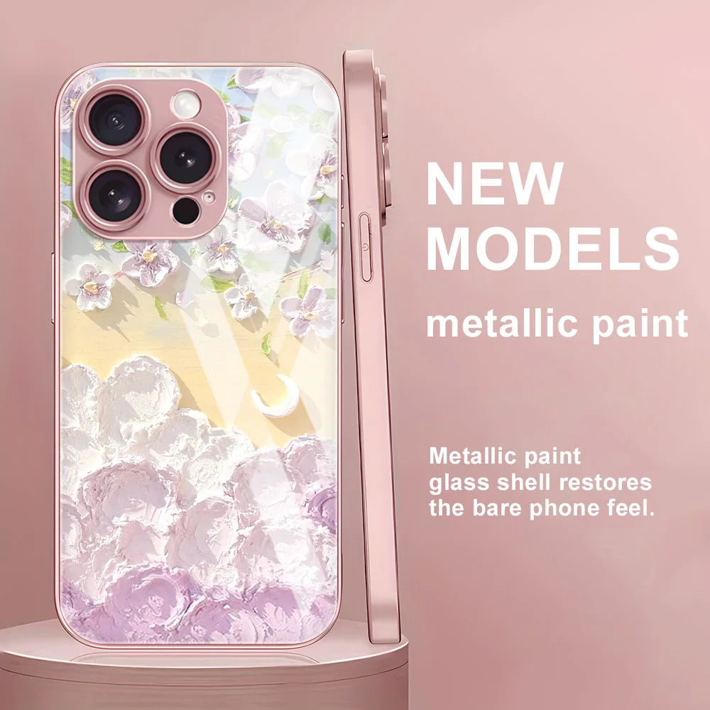 Funda de teléfono de vidrio templado para iPhone 13 11 16 17 Pro Max 17 Air 14 15 12 16E XR X Xs 7 8 Plus SE Funda de flores a prueba de golpes