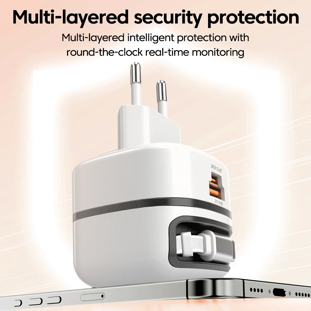 Cargador USB C de 65W con Cable telescópico, cargador de carga rápida con enchufe UE y Reino Unido, cargador de teléfono de viaje Universal para iPhone 15 16 ipad - imagen 5