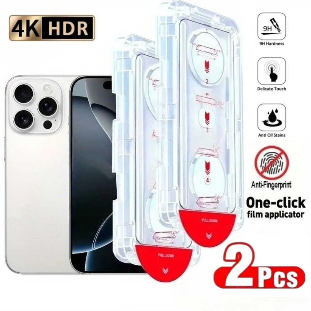 2 uds Protector de pantalla de cubierta completa para iPhone 16 15 14 Pro Max 16e 15 14 Plus 13 11 12 Pro XS XR sin polvo HD vidrio templado transparente