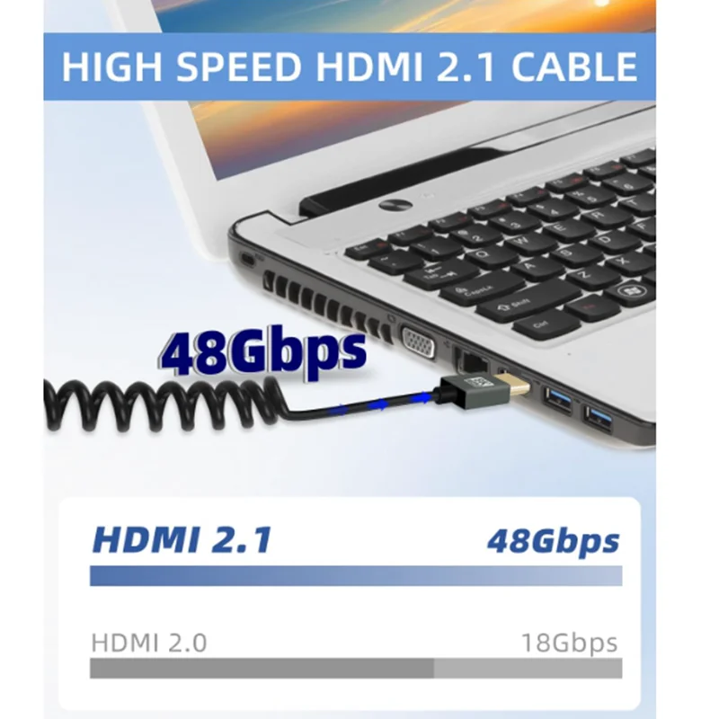 Cable en espiral compatible con HDMI corto 8K arriba abajo izquierda derecha, 48Gbps de alta velocidad macho a macho HDMI 2,1 compatible con HDR, 8K @ 60Hz,4K @ 120Hz - imagen 3