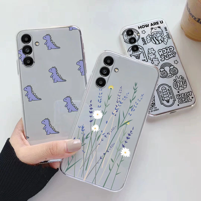 Funda transparente para Samsung Galaxy A34 A24 A14 A17 A16 A06 5G Funda de dibujos animados de flores suave TPU a prueba de golpes Funda bolsas corazón transparente