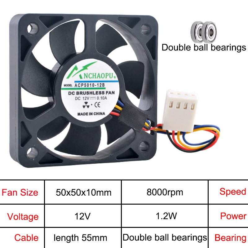 ACP5010-12B ventilador PWM de doble rodamiento de bolas 50x50x10mm DC12V 0.1A 8000RPM para refrigeración de CPU MB de chasis integrado Industrial - imagen 2
