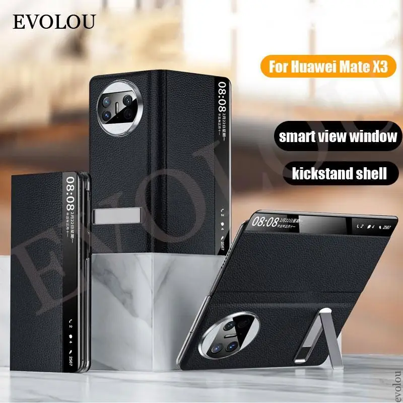 Funda plegable de cuero PU lichi para Huawei Mate X3, cubierta de soporte a prueba de golpes, ventana de visión inteligente, Mate X3