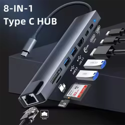 Hub USB C 3,0 para adaptador de ordenador portátil, estación de carga PD, RJ45, compatible con HDMI, tarjeta TF/SD, divisor tipo C para portátil