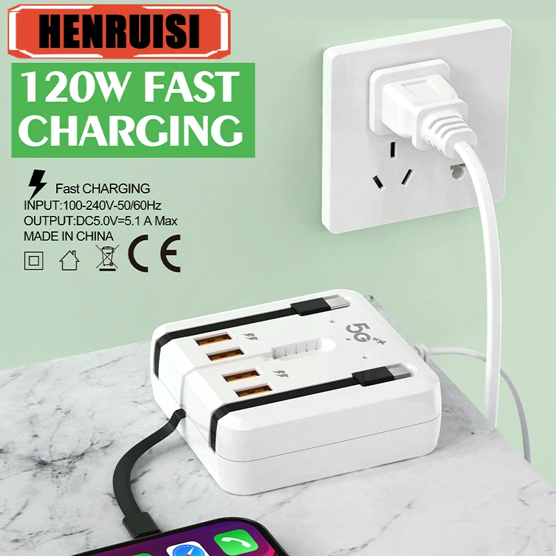 Cargador USB tipo C de 120W, dispositivo de carga rápida, 4 puertos, multifunción, para escritorio, para iPhone, Xiaomi, Samsung y Huawei