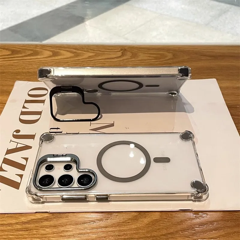Funda de aleación con soporte para cámara Samsung Galaxy S25 S24 S23 S22 Ultra Plus FE A36 A56 A16 A26 A17, carcasa magnética transparente Mag-safe - imagen 5