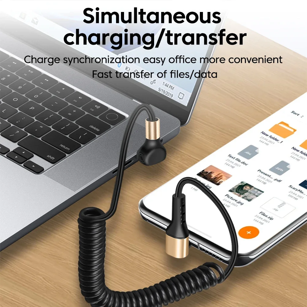 Cable de datos de resorte retráctil de 1M, Cable USB tipo C 6A, Cable de datos de codo de 90 grados de carga rápida para iPhone16 15, Cable USB C Samsung - imagen 5