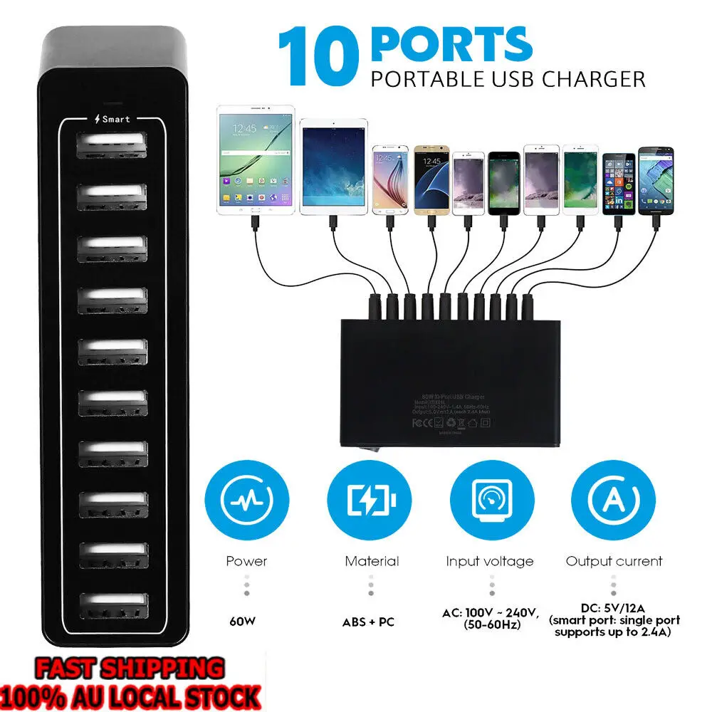 Estación de carga rápida de 60W, 10 puertos USB, base con cable para iphone, ipad, iPod, Samsung, PC, Kindle, cargador Multi USB - imagen 5