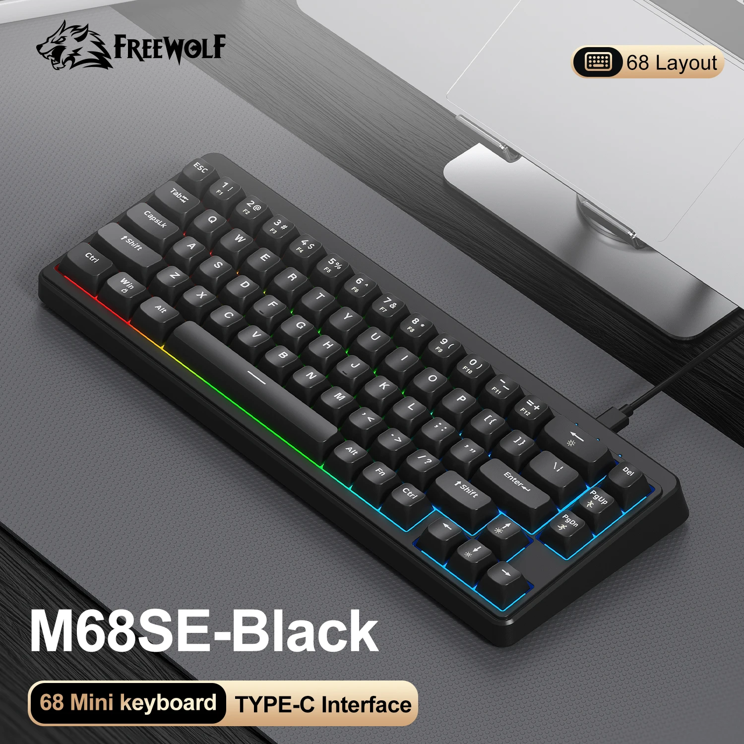 Mini teclado portátil de 60% teclas con cable y luces deslumbrantes RGB, teclado portátil FREEWOLF M68 SE 60% para oficina/juegos - imagen 2