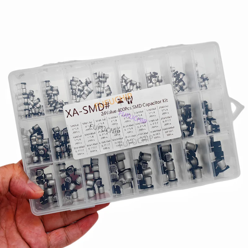 Condensadores electrolíticos de aluminio Kit surtido SMD 400 piezas 24 valores SMD 1 uF ~ 1000 uF 6,3 V-50 V 24 valores con caja