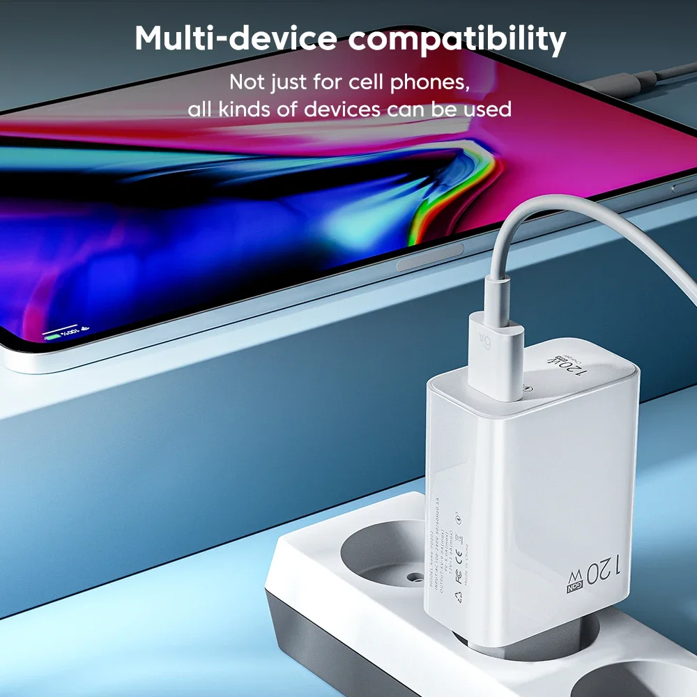Adaptador de cargador de teléfono con enchufe USB de 120W para iPhone, Samsung, Xiaomi, Huawei, Cable tipo C, cargador de pared de carga rápida - imagen 4