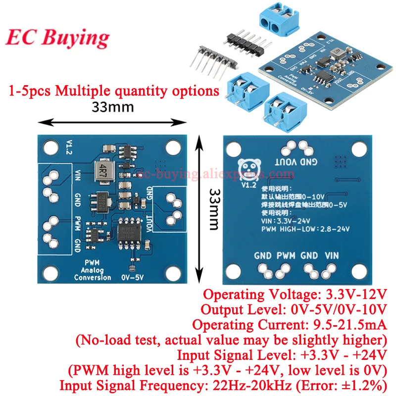 Convertidor de frecuencia de voltaje de 22Hz-20kHz a 0-5V/0-10V, placa de conversión de señal analógica Digital, módulo de señal a voltaje 0-100% PWM