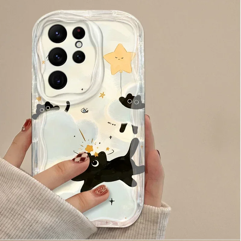 Lucky Star Cat 3D Wave Case para Samsung Galaxy S24 Ultra S23 S22 Plus S21 S20 FE A25 A55 A35 A15 A16 A05 A05S A06, Etui de silicona - imagen 3