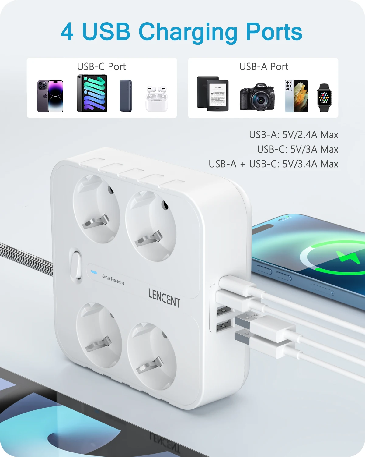 Regleta de alimentación con enchufe europeo LENCENT con 4 tomas de CA + 3 USB + 1 tipo C + Cable trenzado de 2M/3M enchufe múltiple con interruptor para hogar/oficina - imagen 3