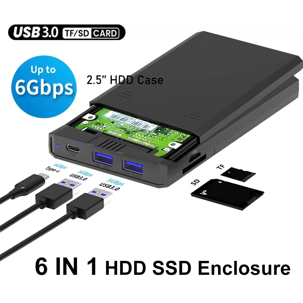 Caja de HDD/SSD 2,5, 6 en 1, SATA a USB 3,0, carcasa de adaptador, carcasa de disco duro externo HD de 6Gbps para USB-C tipo tarjeta TF - imagen 2