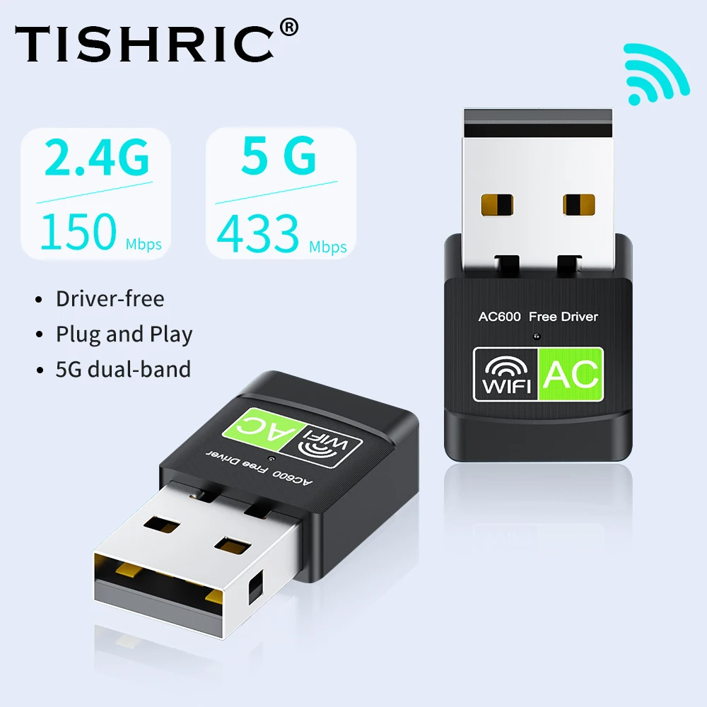TISHIRC-Adaptador de tarjeta de red inalámbrica de doble banda de 600Mbps, adaptador WIFI Ethernet USB 2,4 de 2,0 GHz + 5GHz para PC y portátil