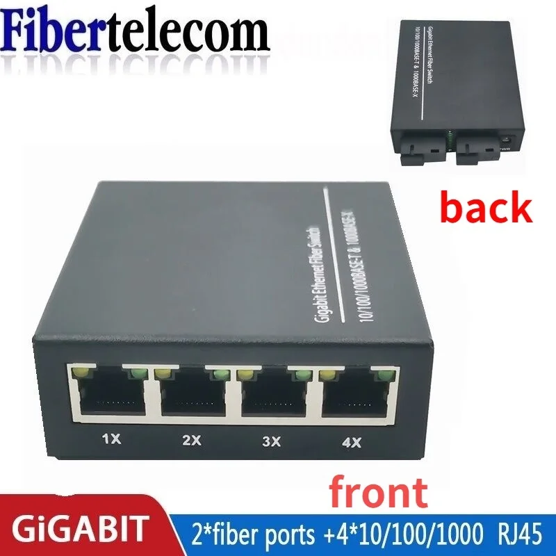 Convertidor de Medios Fibra Óptica 4 RJ45 + 2 SC Gigabit Ethernet
