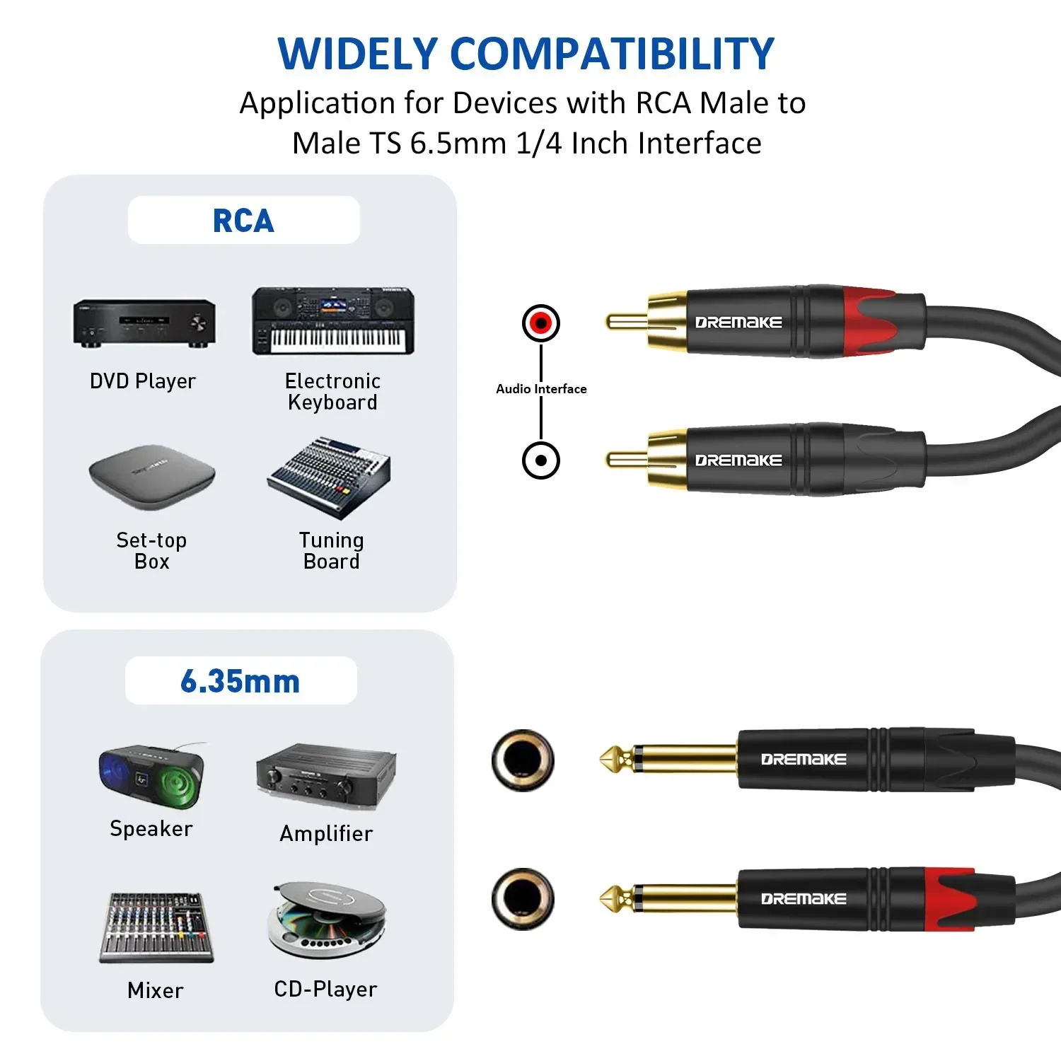 DREMAKE Dual 1/4 pulgadas TS a Dual RCA Cable de Audio estéreo RCA a 6,35mm Cables de conexión estéreo desequilibrados 1/4 a RCA Cable adaptador - imagen 5