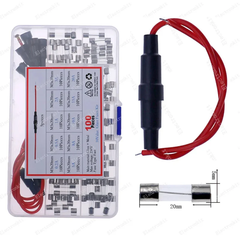 5 uds 5x20mm portafusibles tipo tornillo con cable 16AWG 100 Uds fusible de tubo de vidrio de soplado rápido Kit surtido 12V-250V