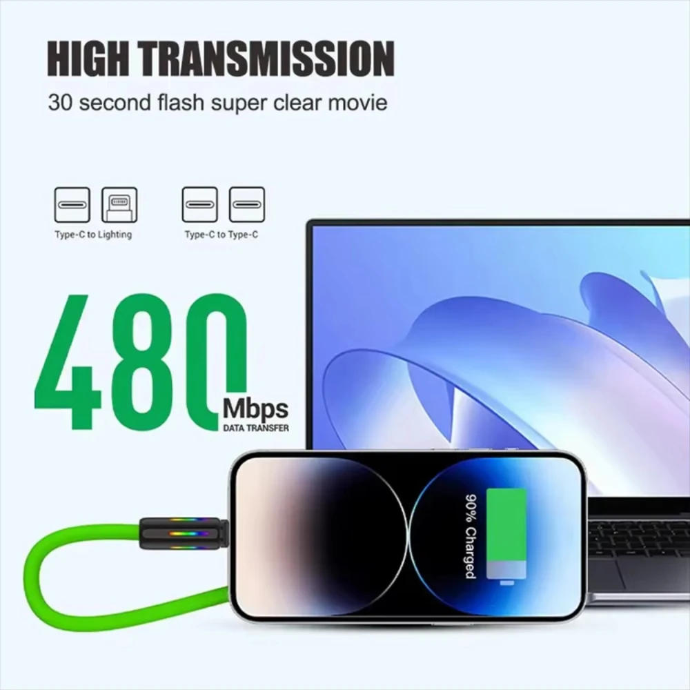 NNBILI Cable de datos de carga rápida 4 en 1 de 240W, luz de respiración RGB colorida, Cable cargador de transmisión de alta velocidad USB C a tipo C - imagen 3