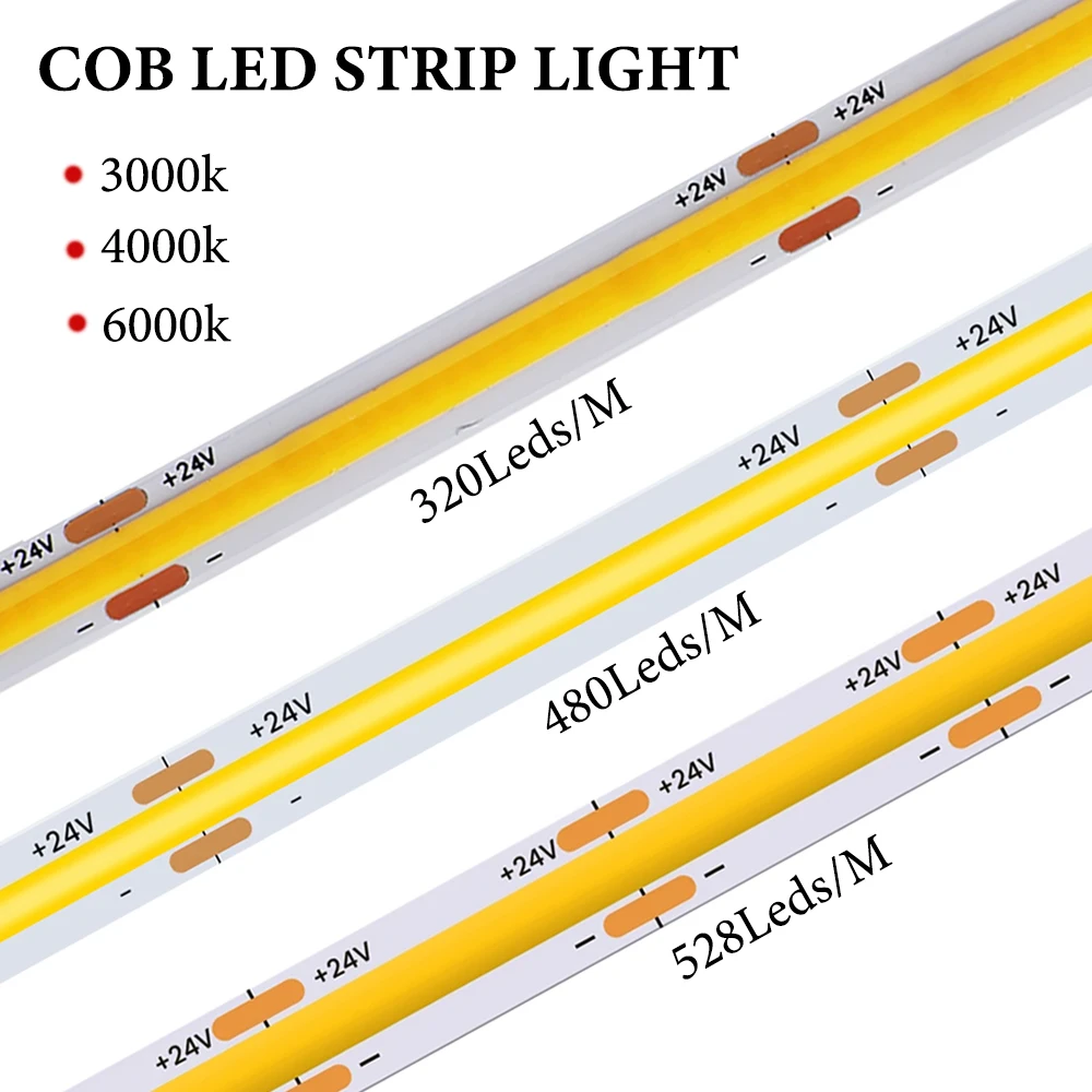Tira de luces LED COB de 8mm, 320, 480, 528 LED/m, barra de Luz lineal suave y Flexible DC12V/24V, alta densidad, blanco frío y cálido para iluminación de decoración - imagen 2