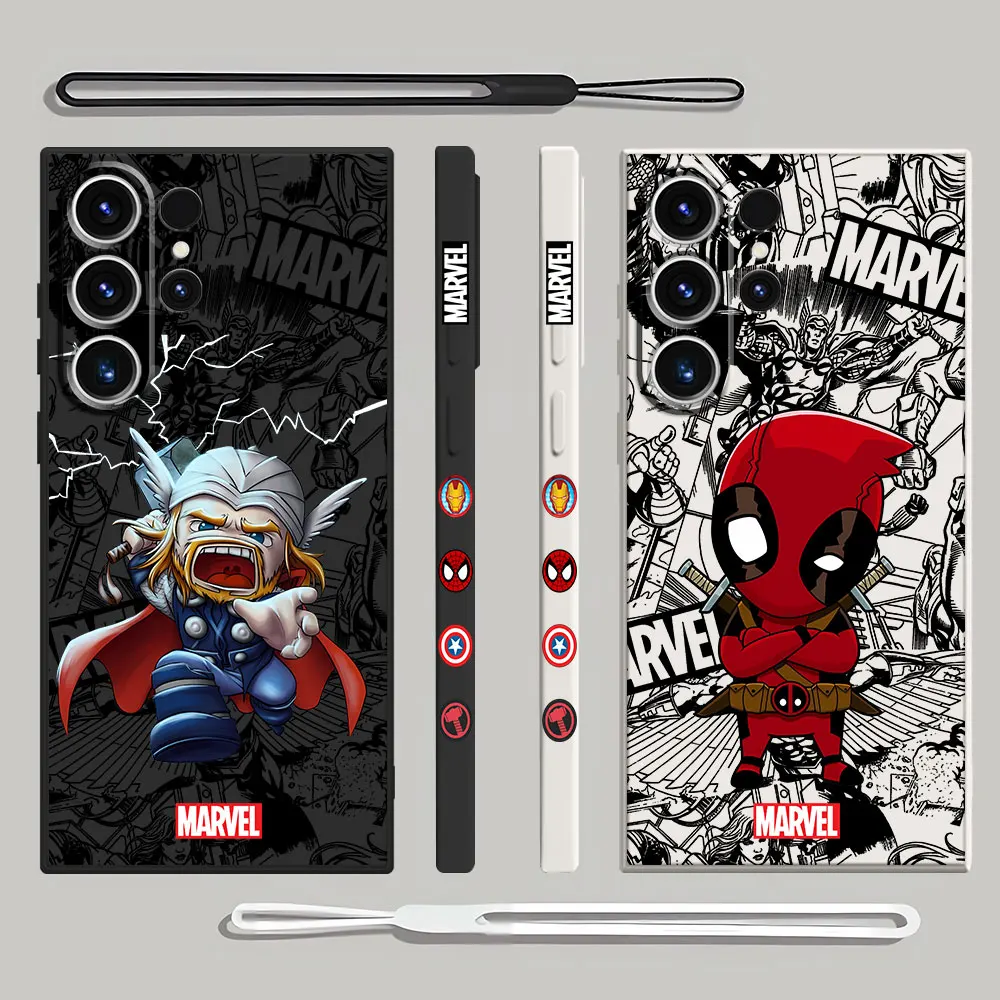 Funda de teléfono estampada para Samsung Galaxy S24 Ultra S22 Plus S20 FE S23 Ultra 5G S21, cubierta líquida cuadrada suave Marvel Thor Deadpool