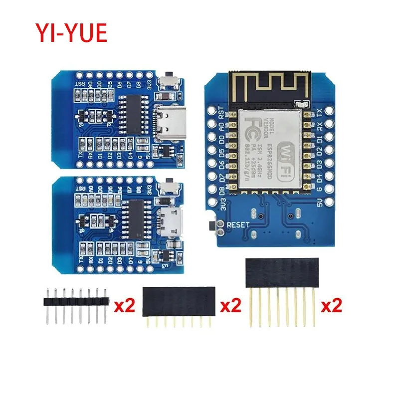 Mini Placa de desarrollo WIFI con pines, D1 Mini TYPE-C/MICRO ESP8266 ESP-12F CH340G V2 USB D1 Mini, NodeMCU Lua IOT, 3,3 V