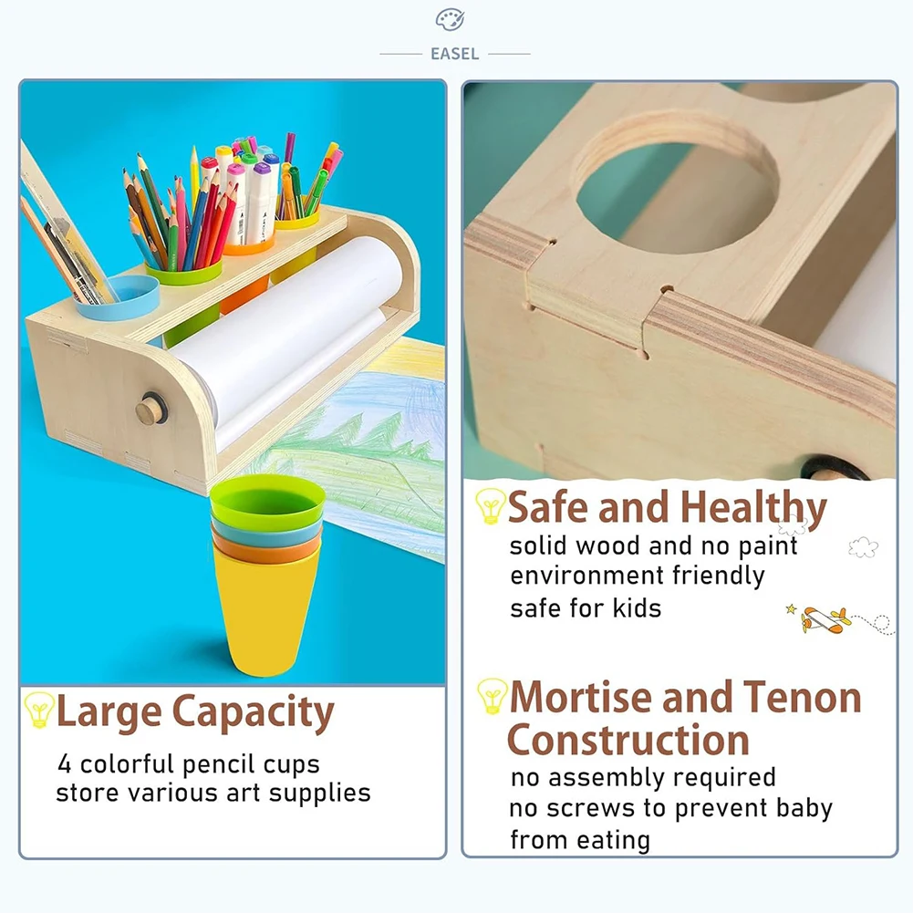 Dispensador de rollos de papel artístico con rollo de papel y vasos de lápiz, caballete de rollo de papel, estante de papel de rollo de almacenamiento de madera maciza para niños, caballete de escritorio